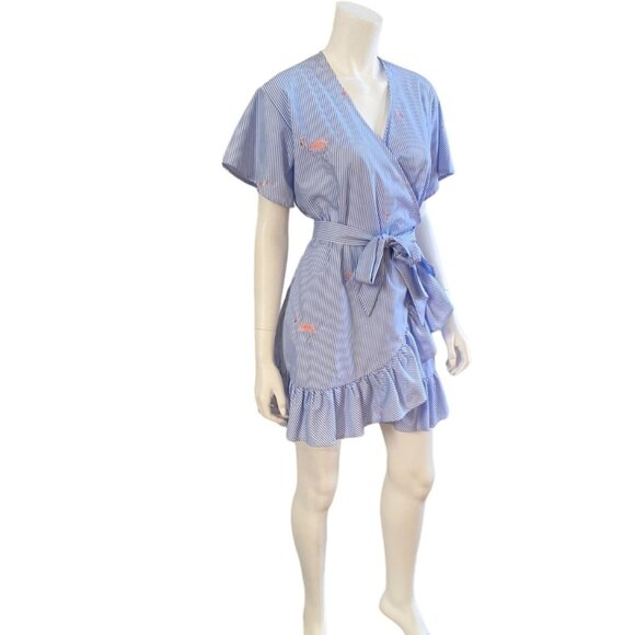 ROMEO & JULIET COUTURE Blue & White Striped Wrap Dress With Flamingos, Small - Picture 3 of 12